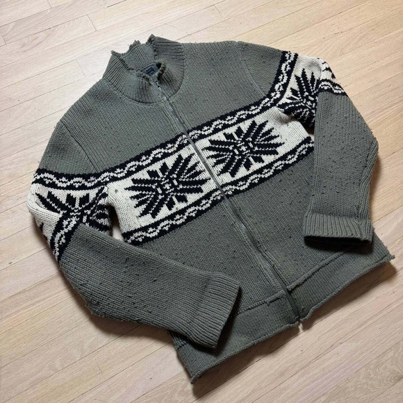 Brody Other - Brody Mens Lambswool Blend Full Zip Nordic Snowflake Sweater Green Size M